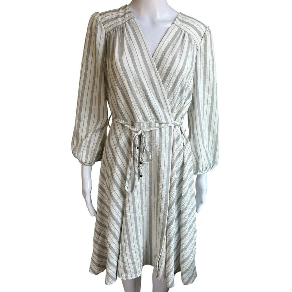 Calvin Klein NWT Striped Midi Wrap Dress Puff Sleeve Tie Waist Womens 10